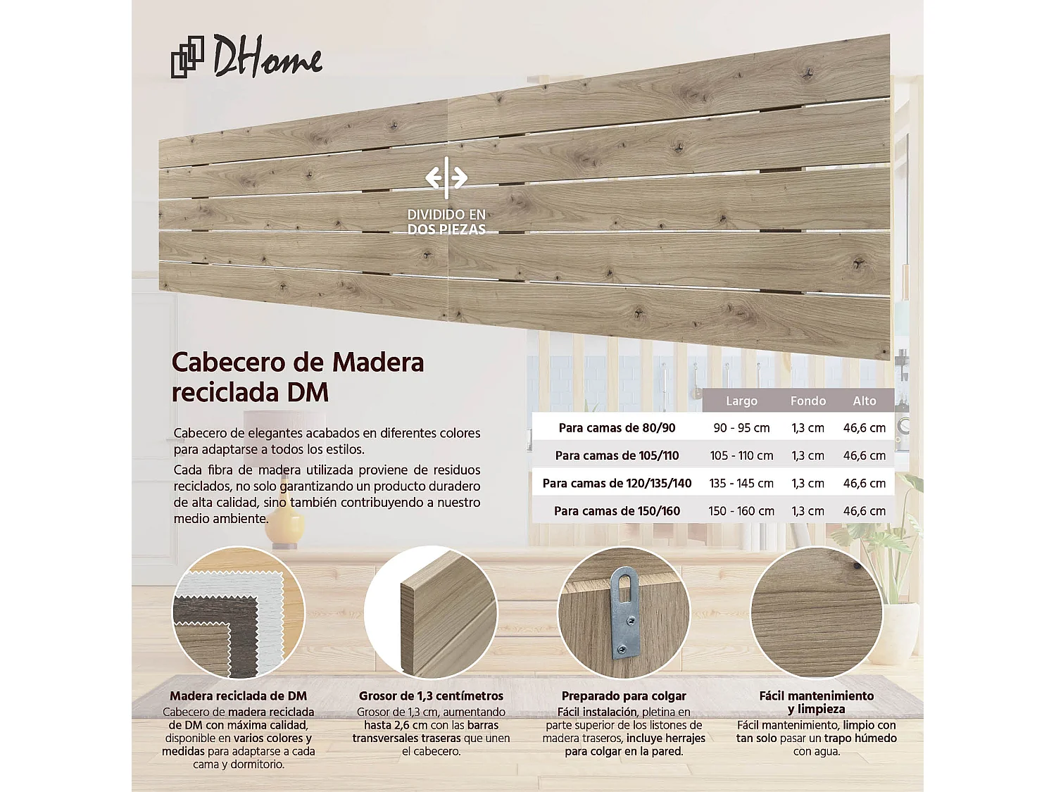 DHOME Testiera DM in Legno Riciclato Doppio Pallet Orizzontale Diviso in 2 Pezzi 220X46 cm letti 220 - rovere