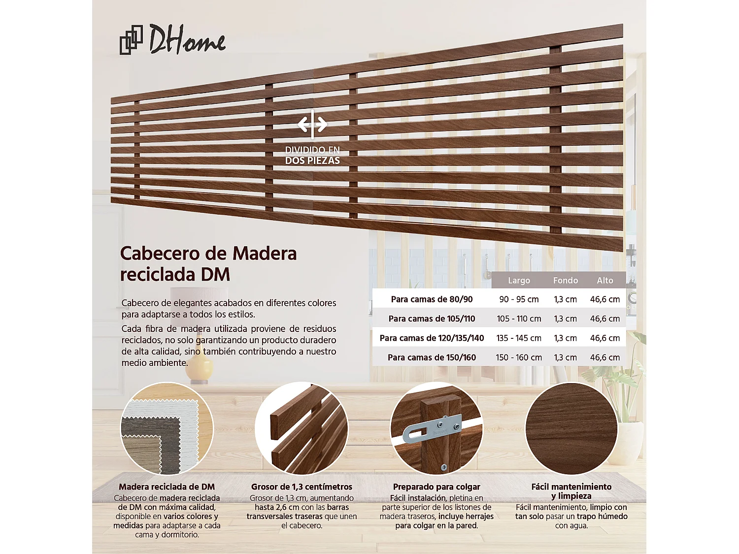 9. DHOME Tête de Lit DM Bois Recyclé Double Style Palette Japonaise Divisée en 2 Pièces 180x46cm Lits 180 - Bois de Noyer