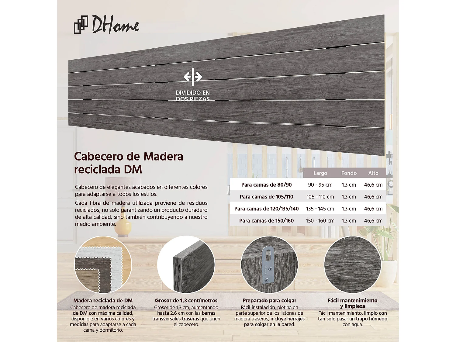 DHOME DM-Kopfteil aus recyceltem Holz, doppelter horizontaler Palettenstil, unterteilt in 2 Teile, 220 x 46 cm, Betten 220 – Holzasche