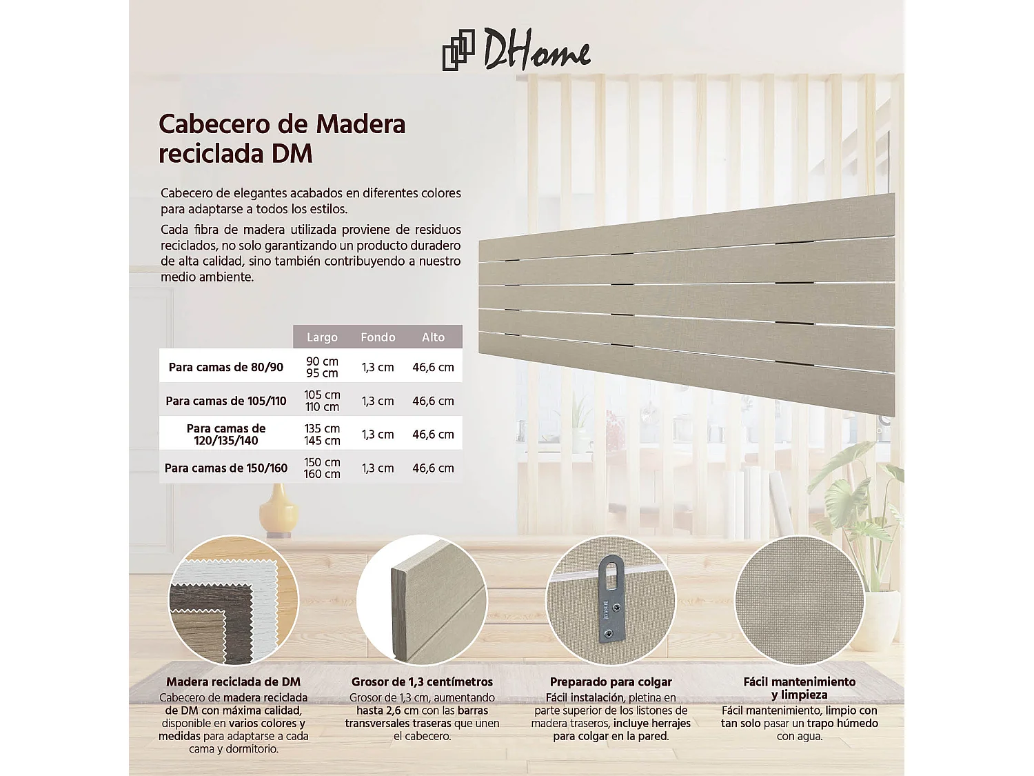 DHOME Kopfteil aus recyceltem Holz, Dm, horizontal, Palettenstil, 145 x 46 cm, Bett 145 – Leinen-Finish