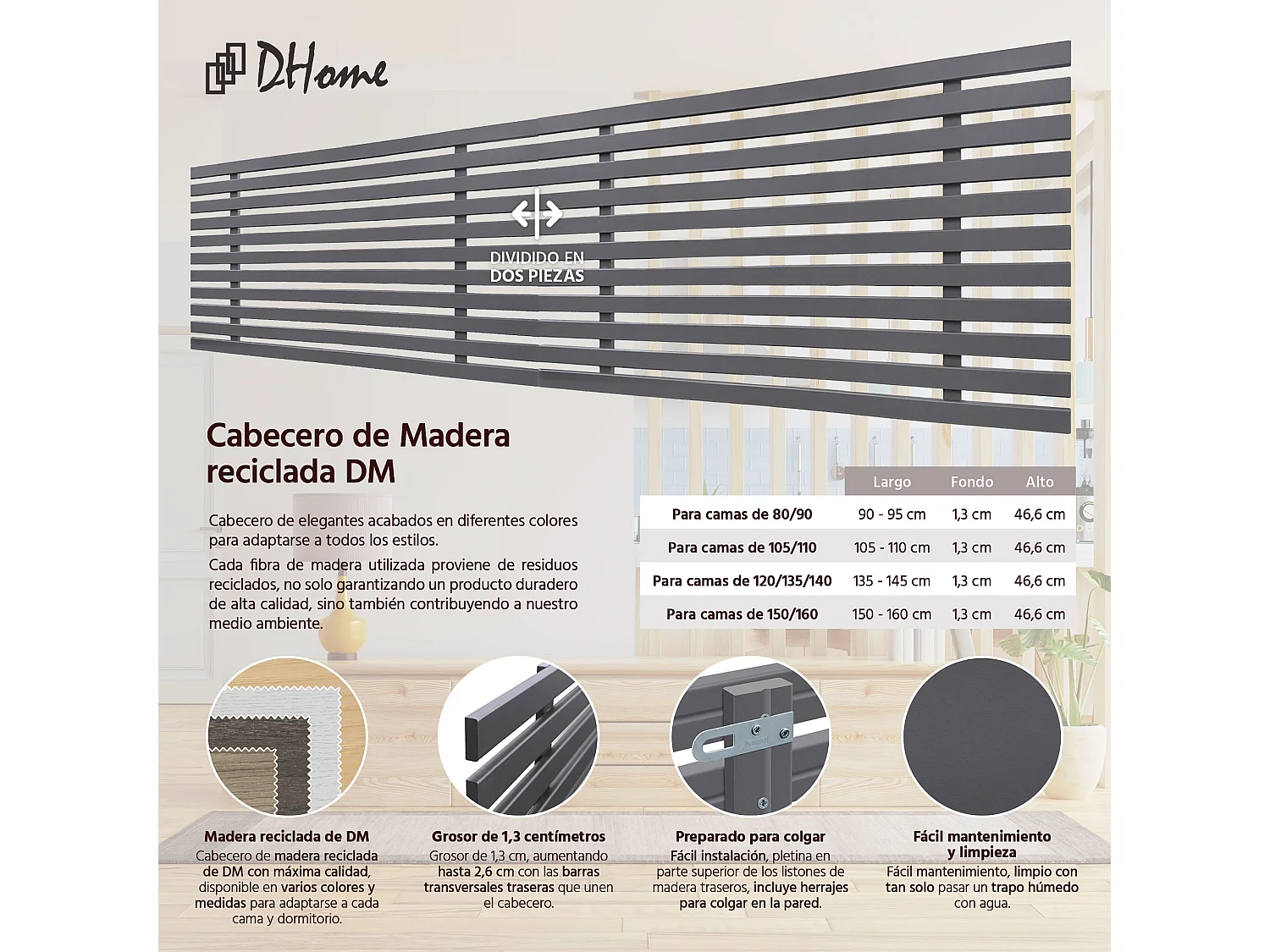 6. DHOME Tête de Lit DM Bois Recyclé Double Style Palette Japonaise Divisée en 2 Pièces 220x46cm Lits 220 - Gris Massif