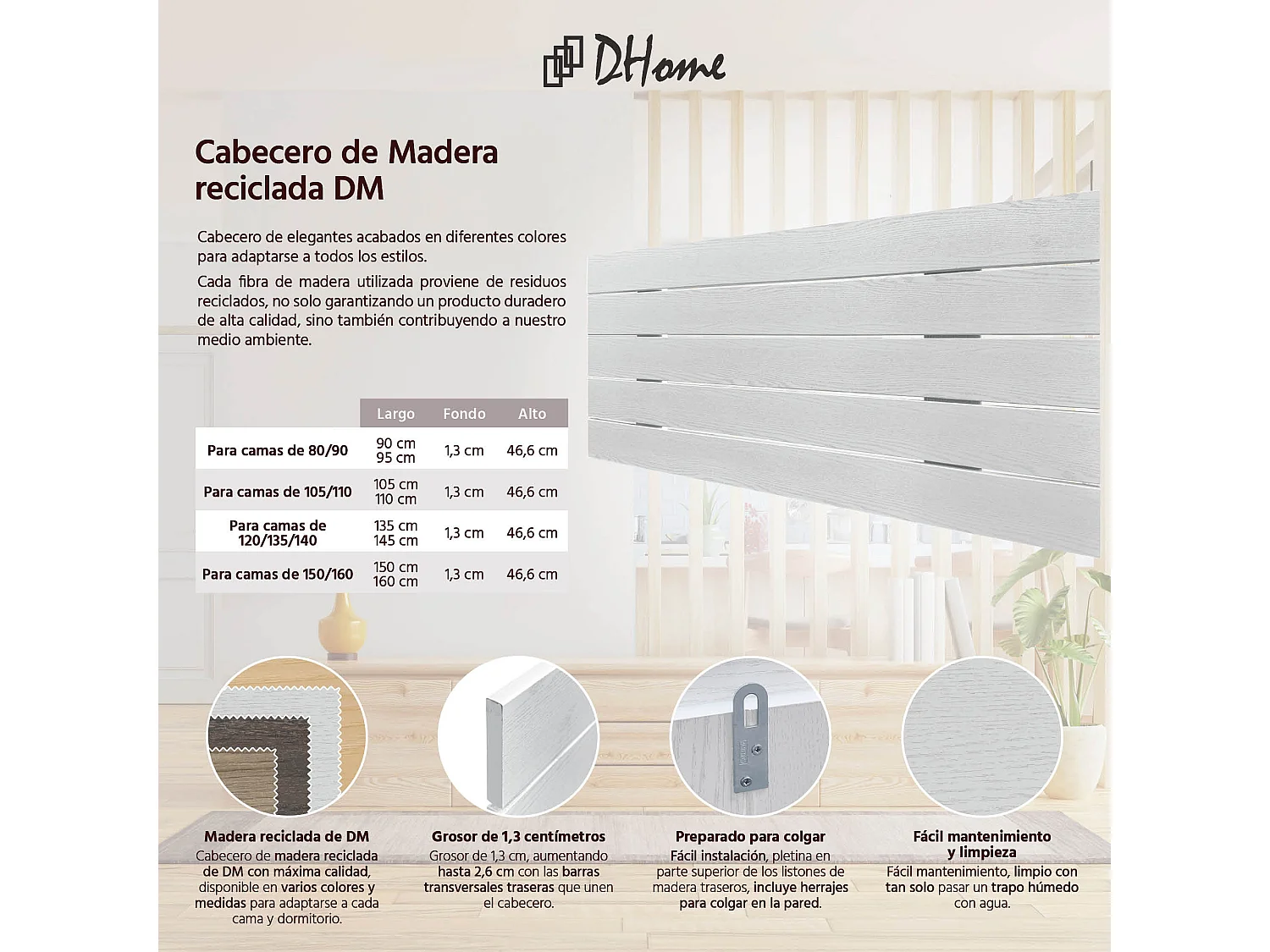 DHOME Tête de Lit Bois Recyclé Dm Style Palette Horizontale 80x46cm Lits 80/90 - Bois Blanc