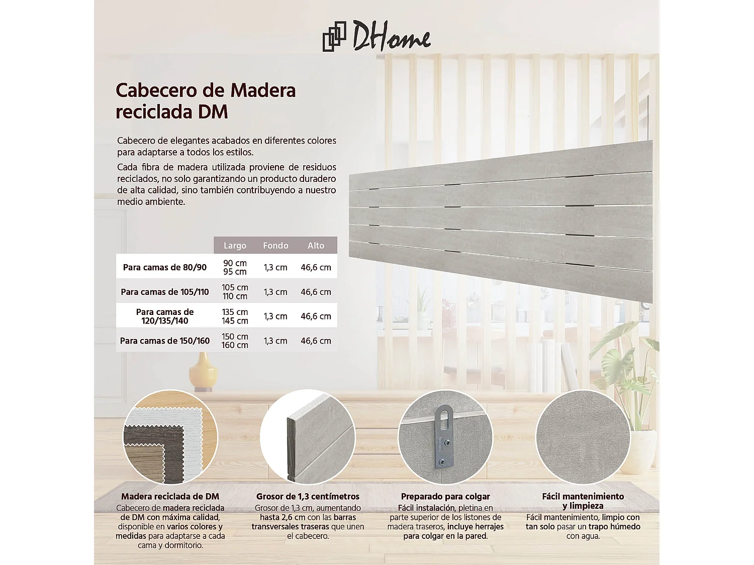 DHOME Kopfteil aus recyceltem Holz, Dm, horizontal, Palettenstil, 135 x 46 cm, Bett 135 – Stammesgrau