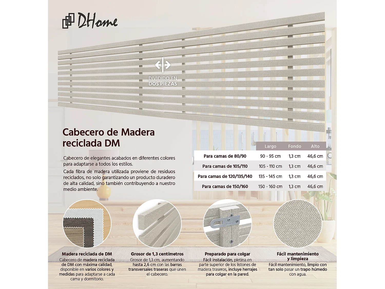 DHOME Cabeceira de Madeira Reciclada DM, Estilo Palete Japonês Duplo, Dividida em 2 Peças, 160 x 46 cm, Camas 160 - Pontas Bege