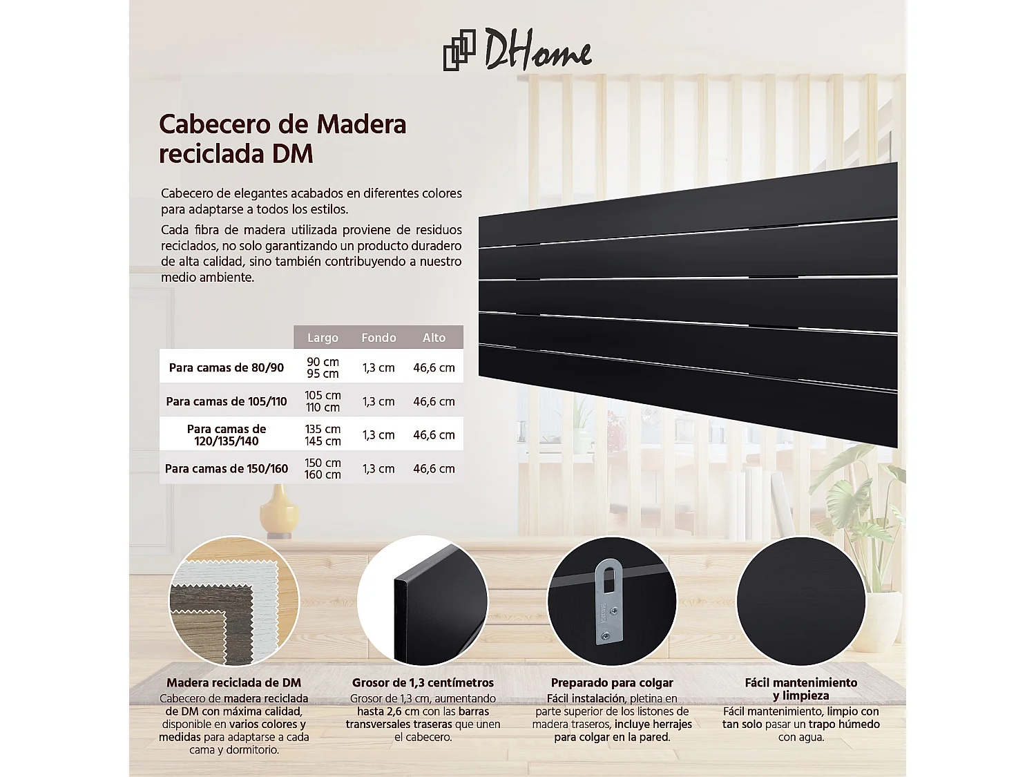 DHOME Tête de Lit Bois Recyclé Dm Style Palette Horizontale 80x46cm Lits 80/90 - Noir Massif