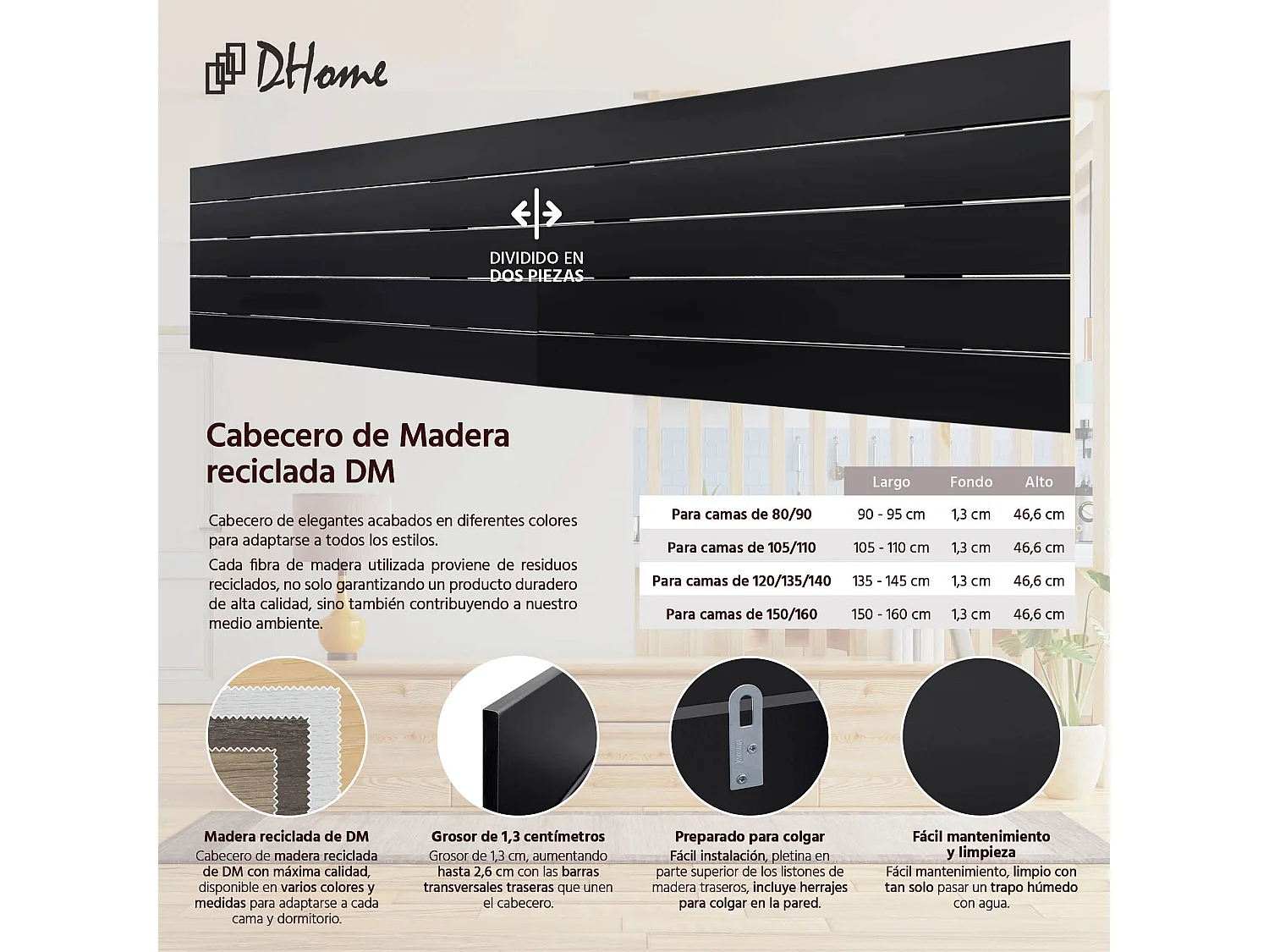 DHOME Tête de Lit en Bois DM Recyclé Double Style Palette Horizontale 180x46cm Lits 180 - Noir Massif