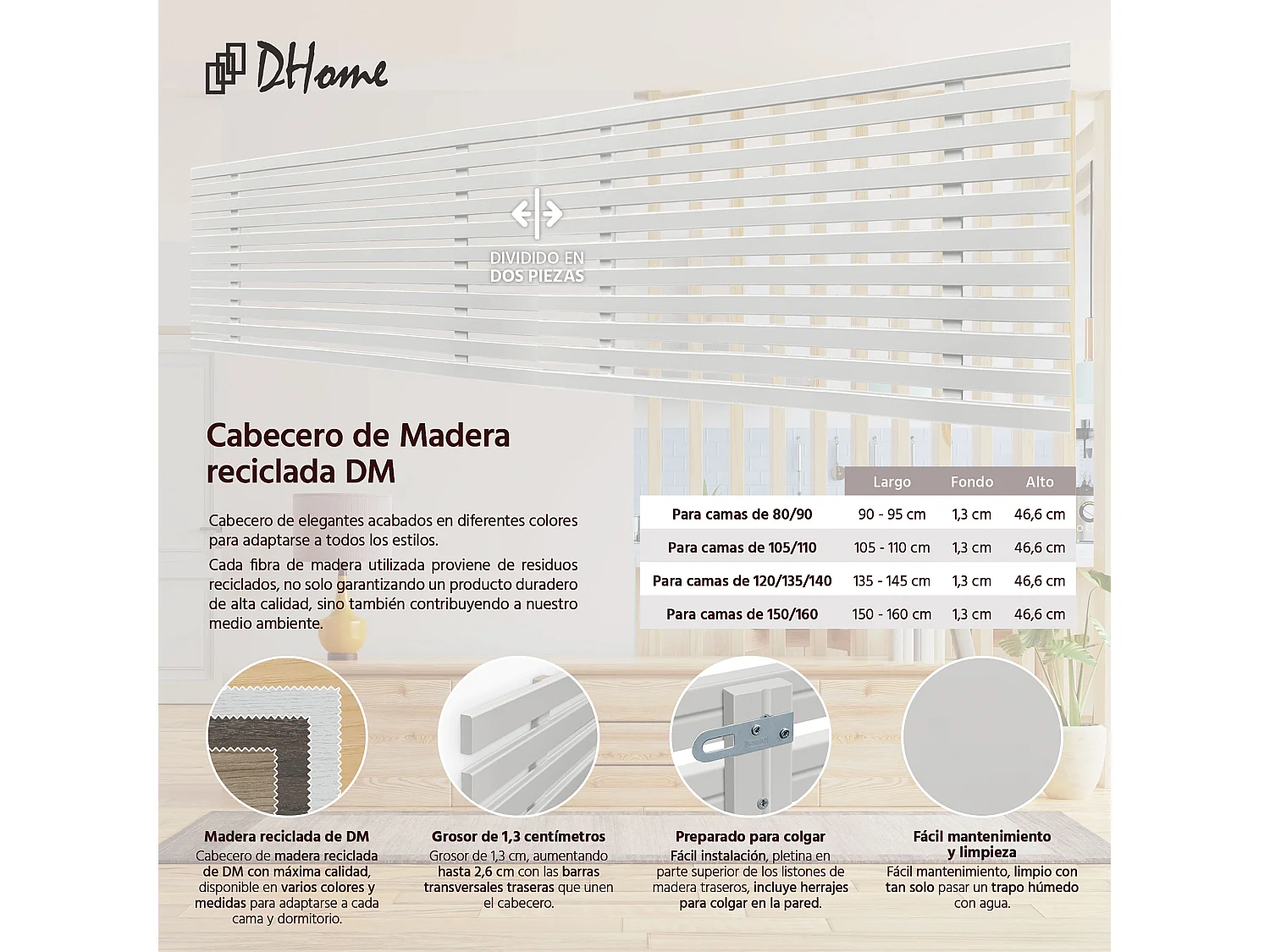 3. DHOME Tête de Lit DM Bois Recyclé Double Style Palette Japonaise Divisée en 2 Pièces 180x46cm Lits 180 - Blanc Massif