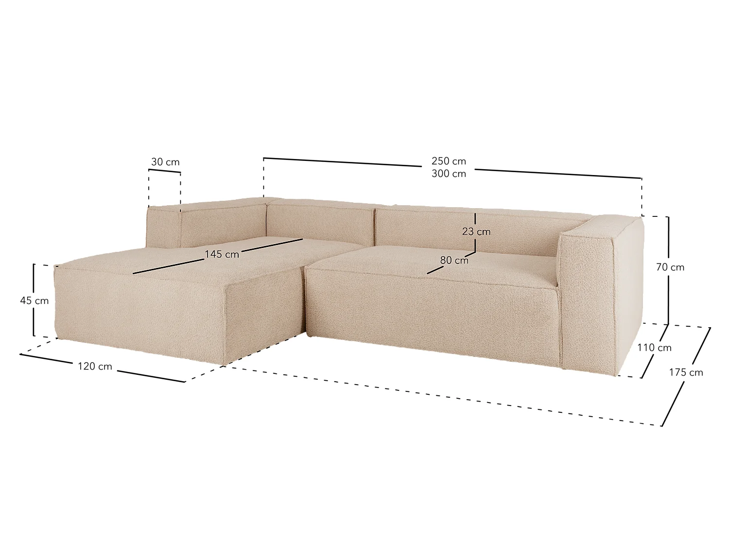 Sofá 4/5 plazas y chaise longue derecho color gris claro 300x175cm - LOLA - DECOWOOD