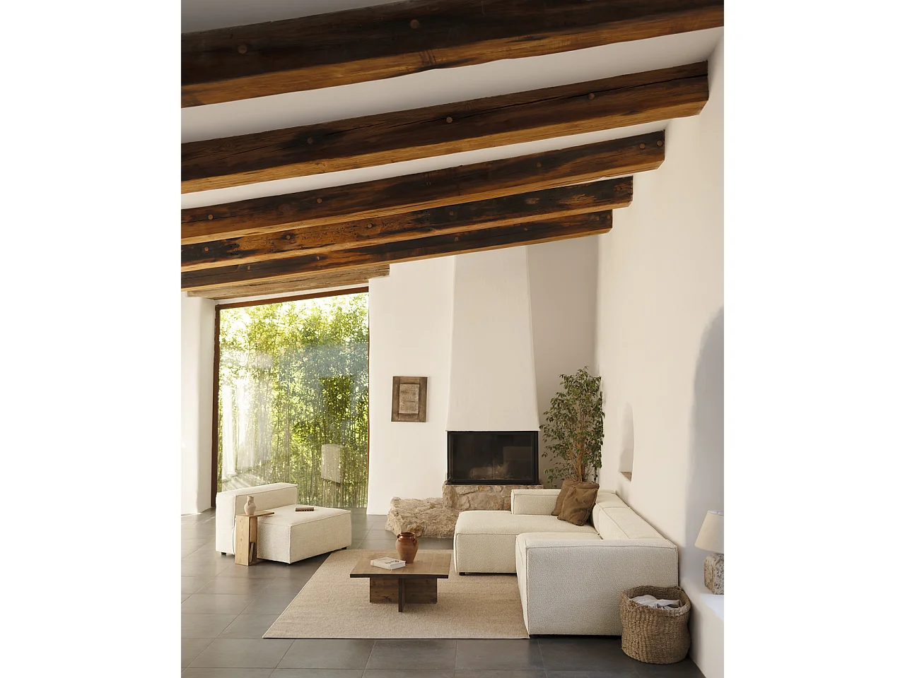 Canapé d'angle gauche 3/4 places bouclé couleur blanc cassé 250x175cm