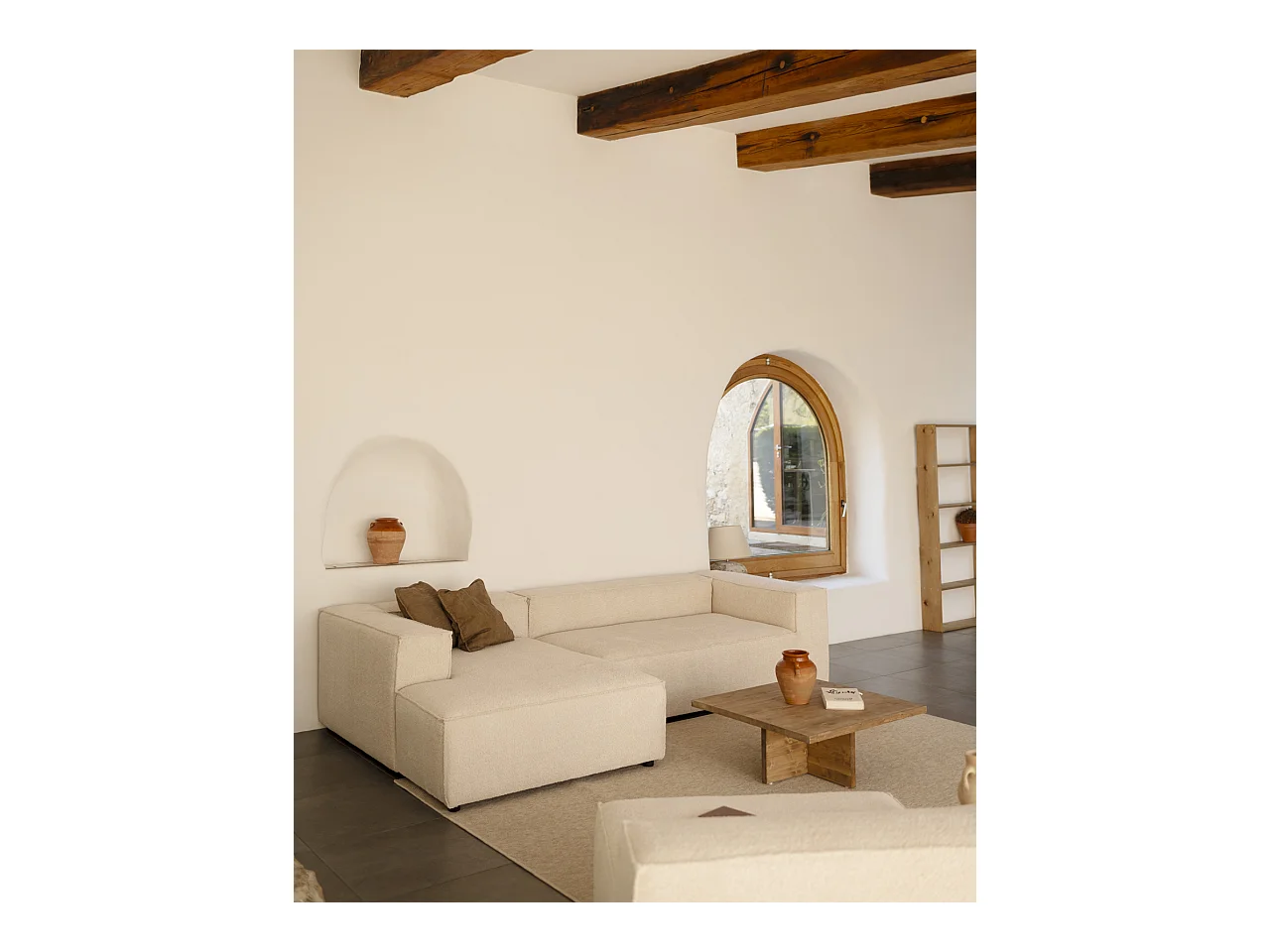 Canapé d'angle gauche 4 places en bouclé couleur beige 300x175cm