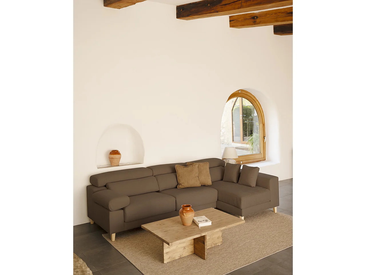 Sofá 4/5 plazas y chaise longue derecho color marron topo 300cm - MONICA - DECOWOOD