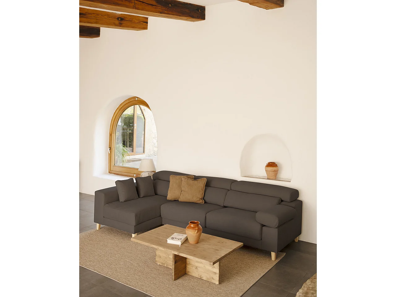 Sofá 4 plazas y chaise longue izquierdo color gris oscuro 278cm - MONICA - DECOWOOD