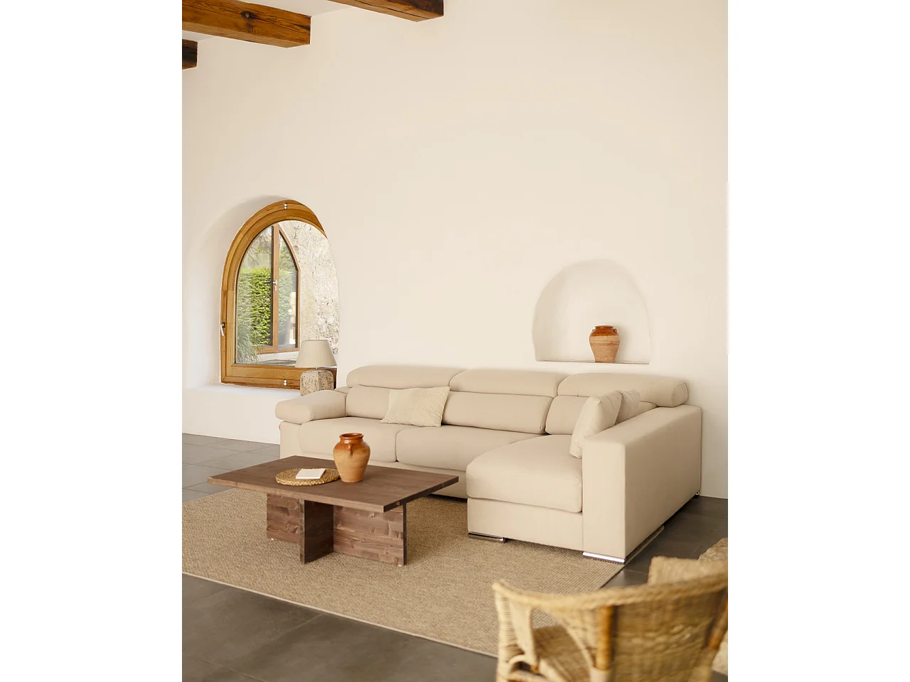 Sofá 4/5 plazas y chaise longue derecho color beige 300x168cm - SANDRA - DECOWOOD