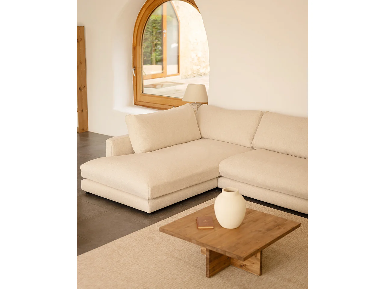 Sofá 3/4 plazas con chaise longue izquierdo tono blanco roto 275x190cm - LAIA - DECOWOOD