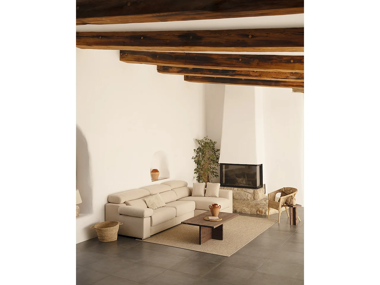 Sofá 4 plazas y chaise longue derecho color beige 278x168cm - SANDRA - DECOWOOD