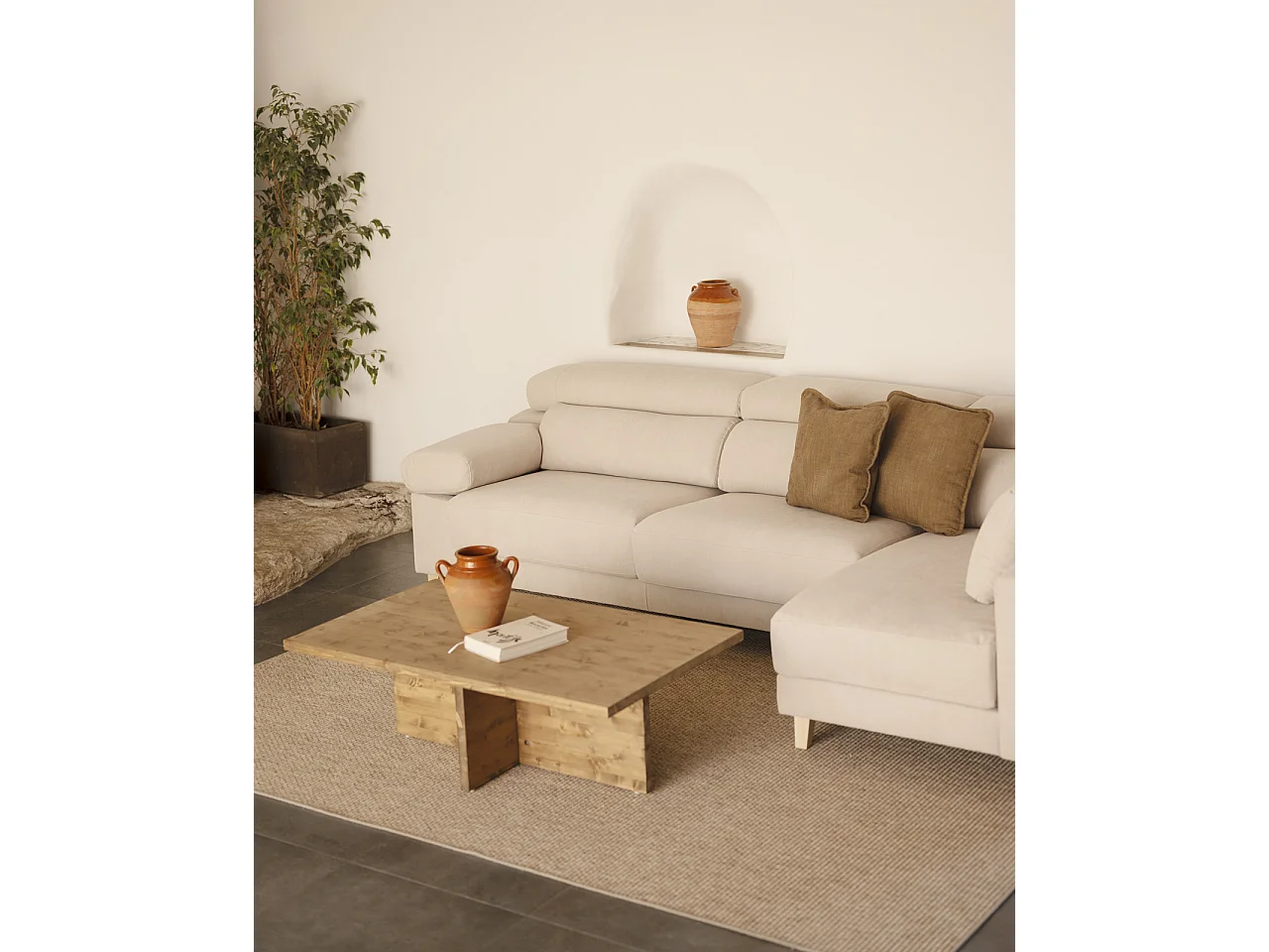 Sofá 4/5 plazas y chaise longue derecho color beige 300cm - MONICA - DECOWOOD