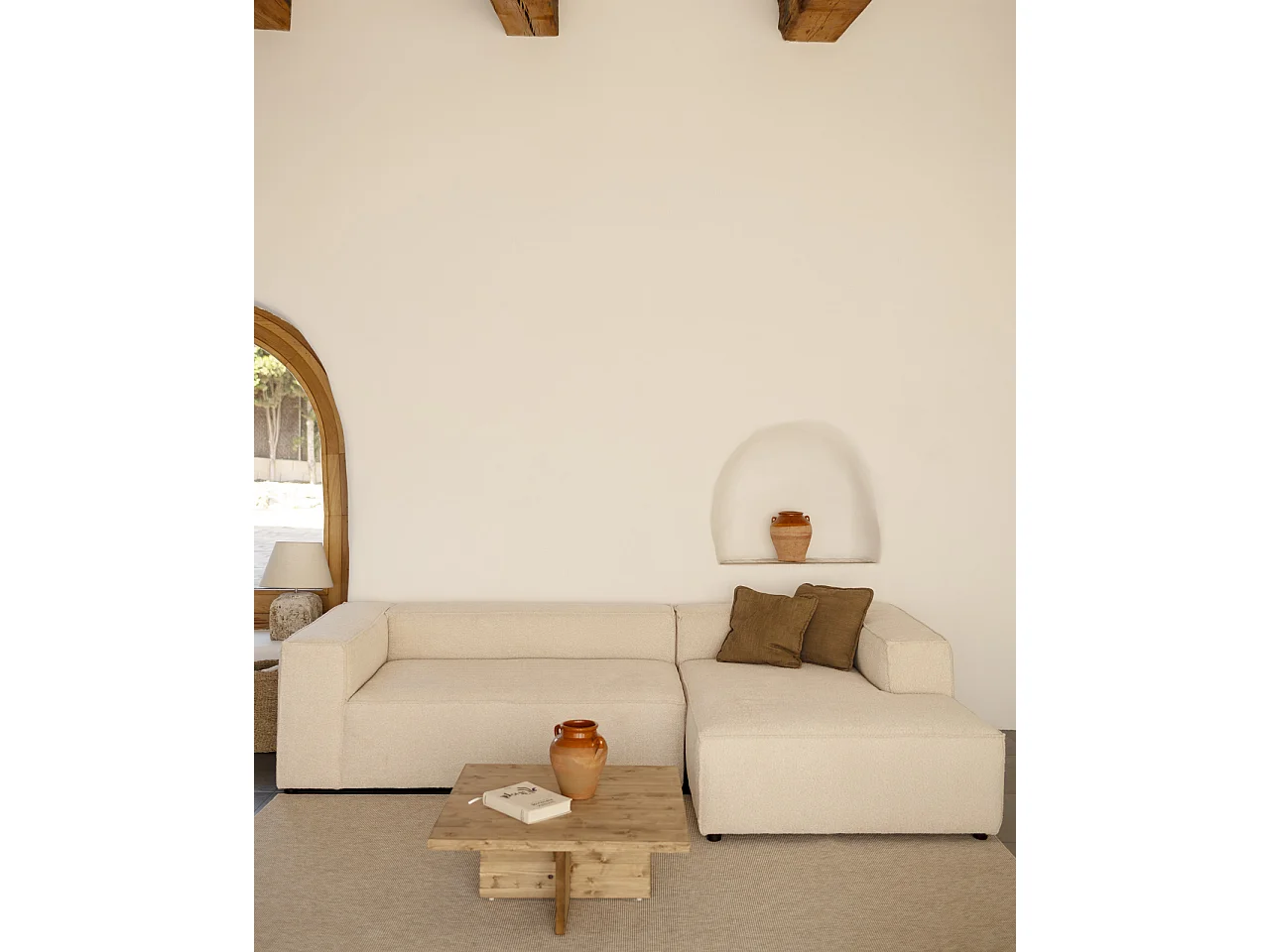 Sofá 4/5 plazas y chaise longue derecho color beige 300x175cm - LOLA - DECOWOOD