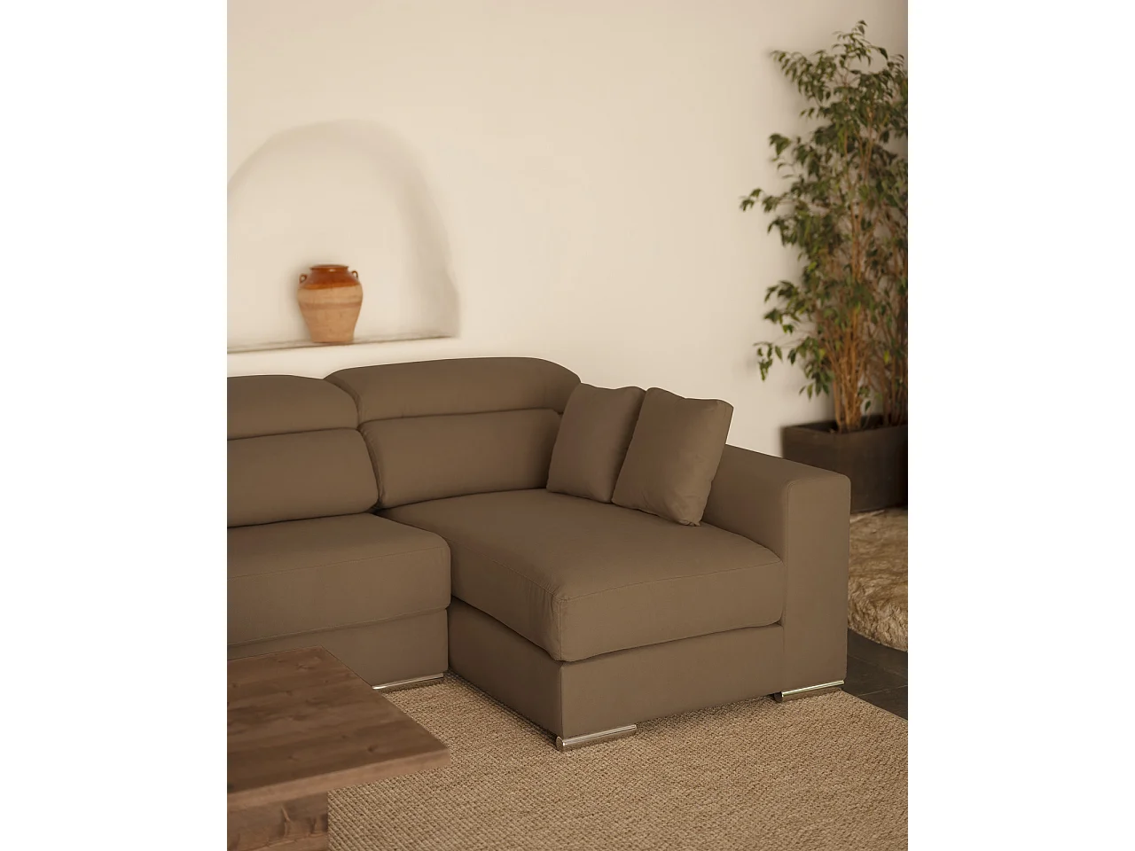 Sofá 4/5 plazas y chaise longue derecho color marron topo 300x168cm - SANDRA - DECOWOOD