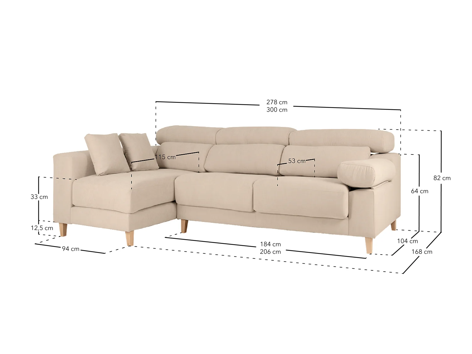 Sofá 4/5 plazas y chaise longue izquierdo color beige 300cm - MONICA - DECOWOOD