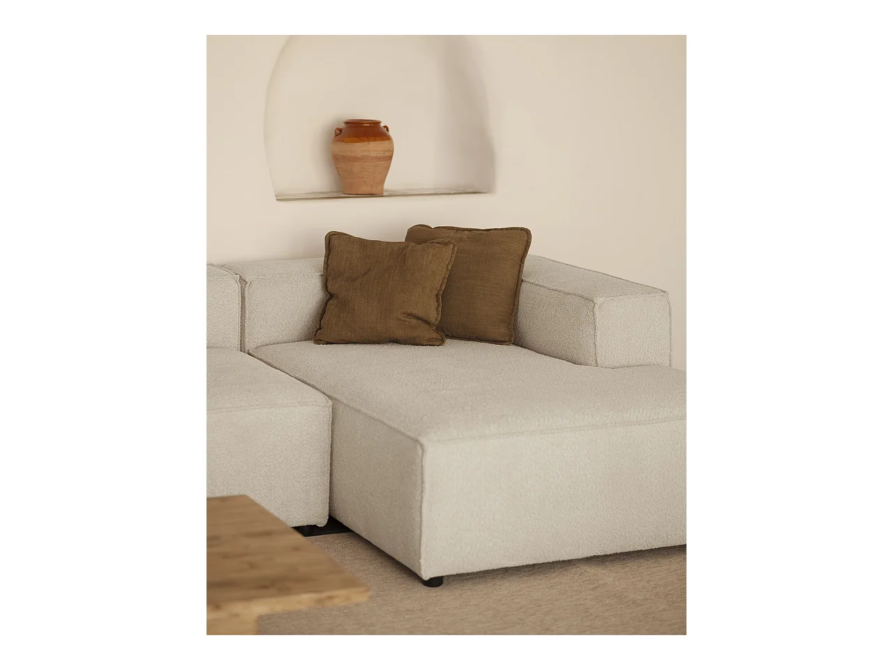 Canapé d'angle droit 3/4 places en bouclé couleur gris clair 250x175cm
