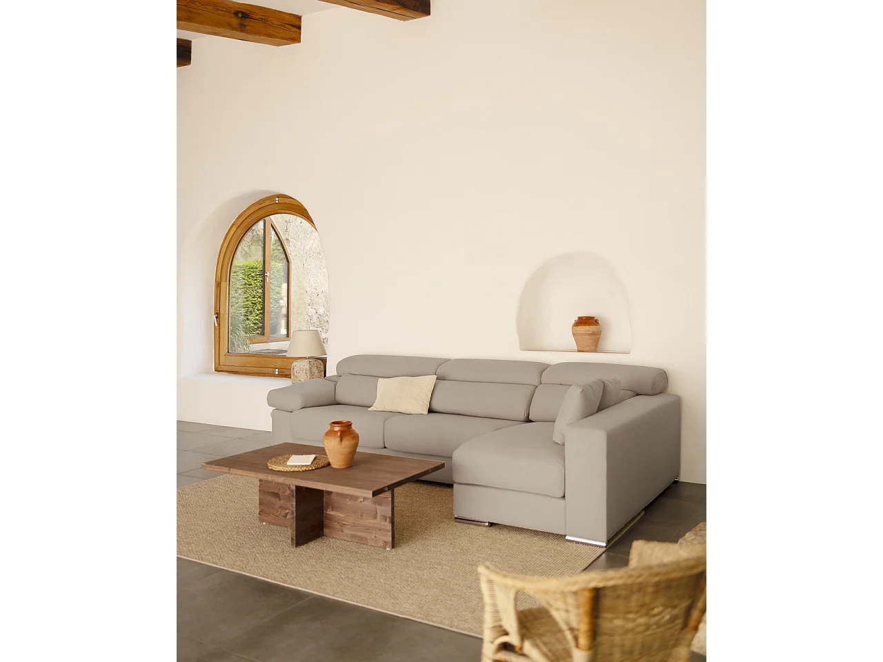 Sofá 4 plazas y chaise longue derecho color gris claro 278x168cm - SANDRA - DECOWOOD