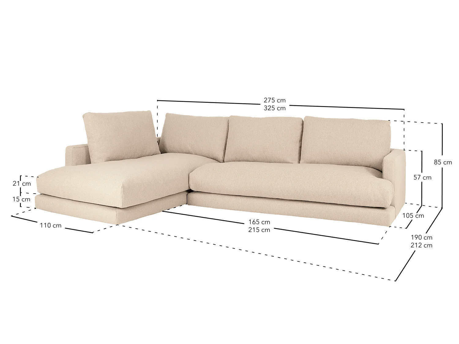 Canapé 4 places d'angle gauche couleur beige de 325cm