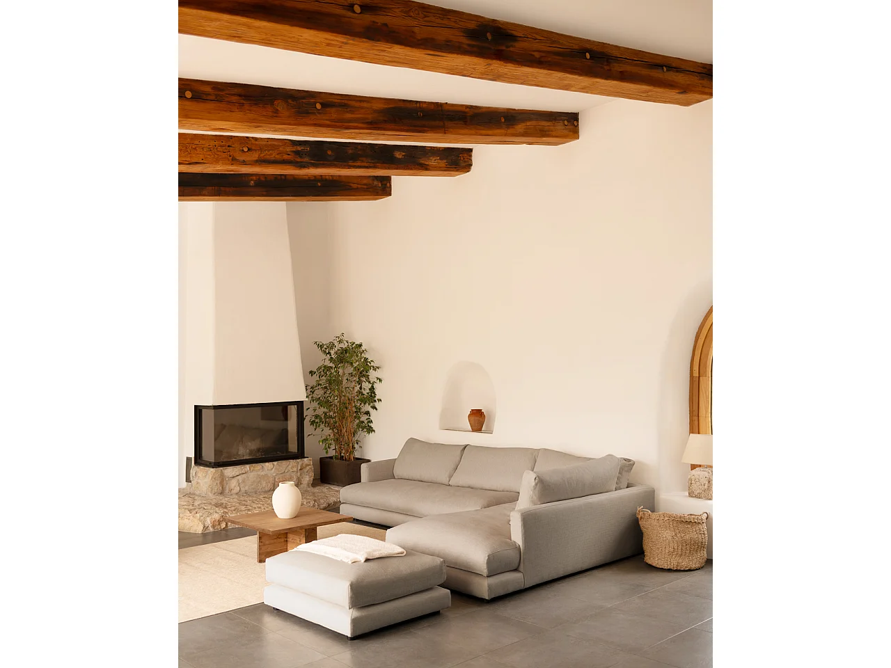 Canapé 3/4 places d'angle droit couleur gris clair 275cm