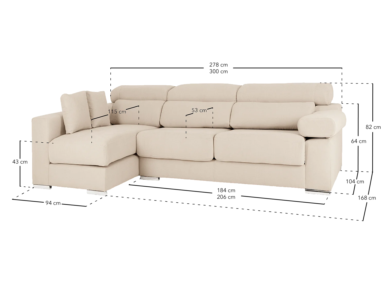 Sofá 4 plazas y chaise longue izquierdo color beige 278x168cm - SANDRA - DECOWOOD
