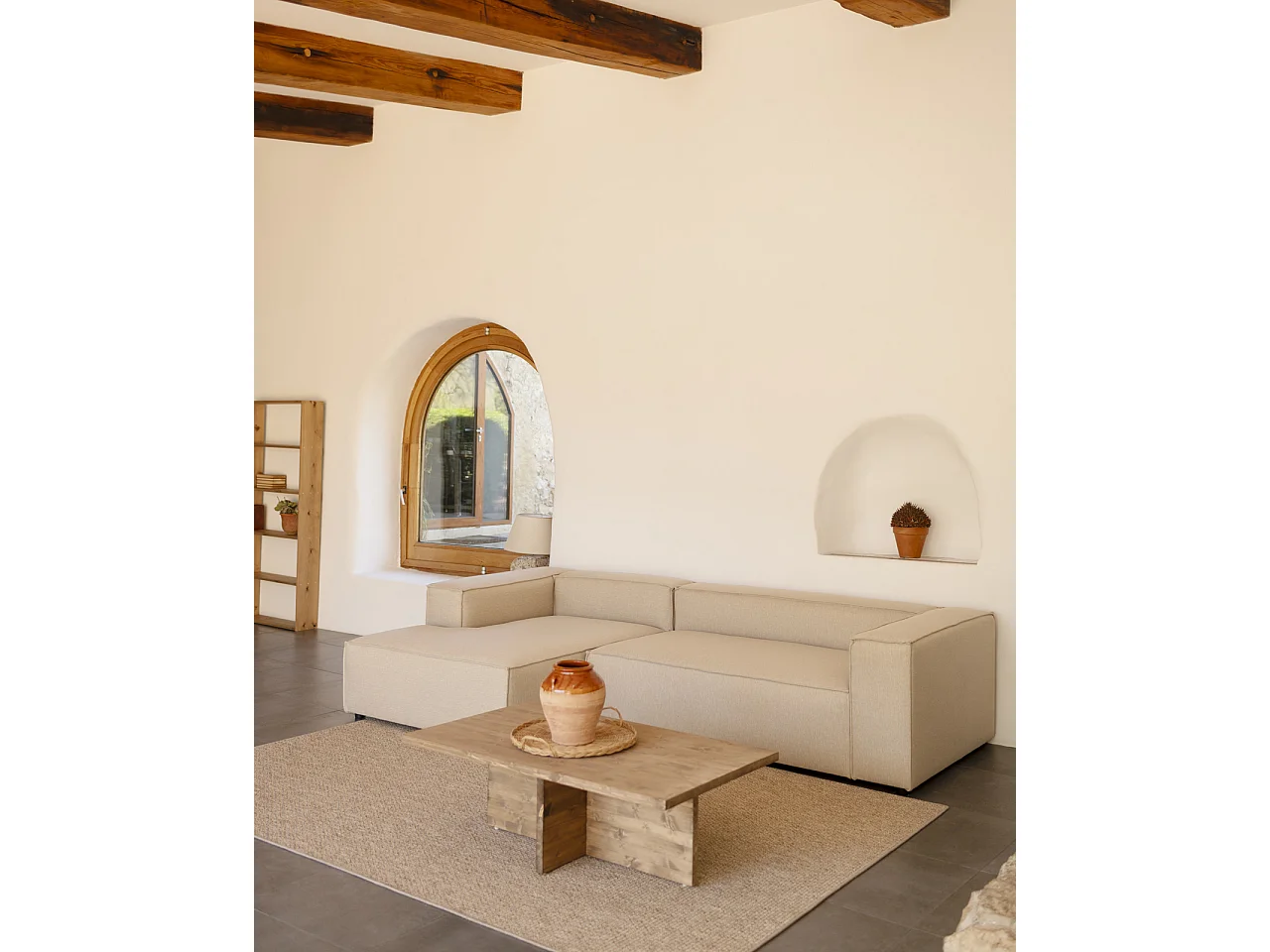 Divano 4/5 posti con chaise longue a sinistra colore beige 300x175cm