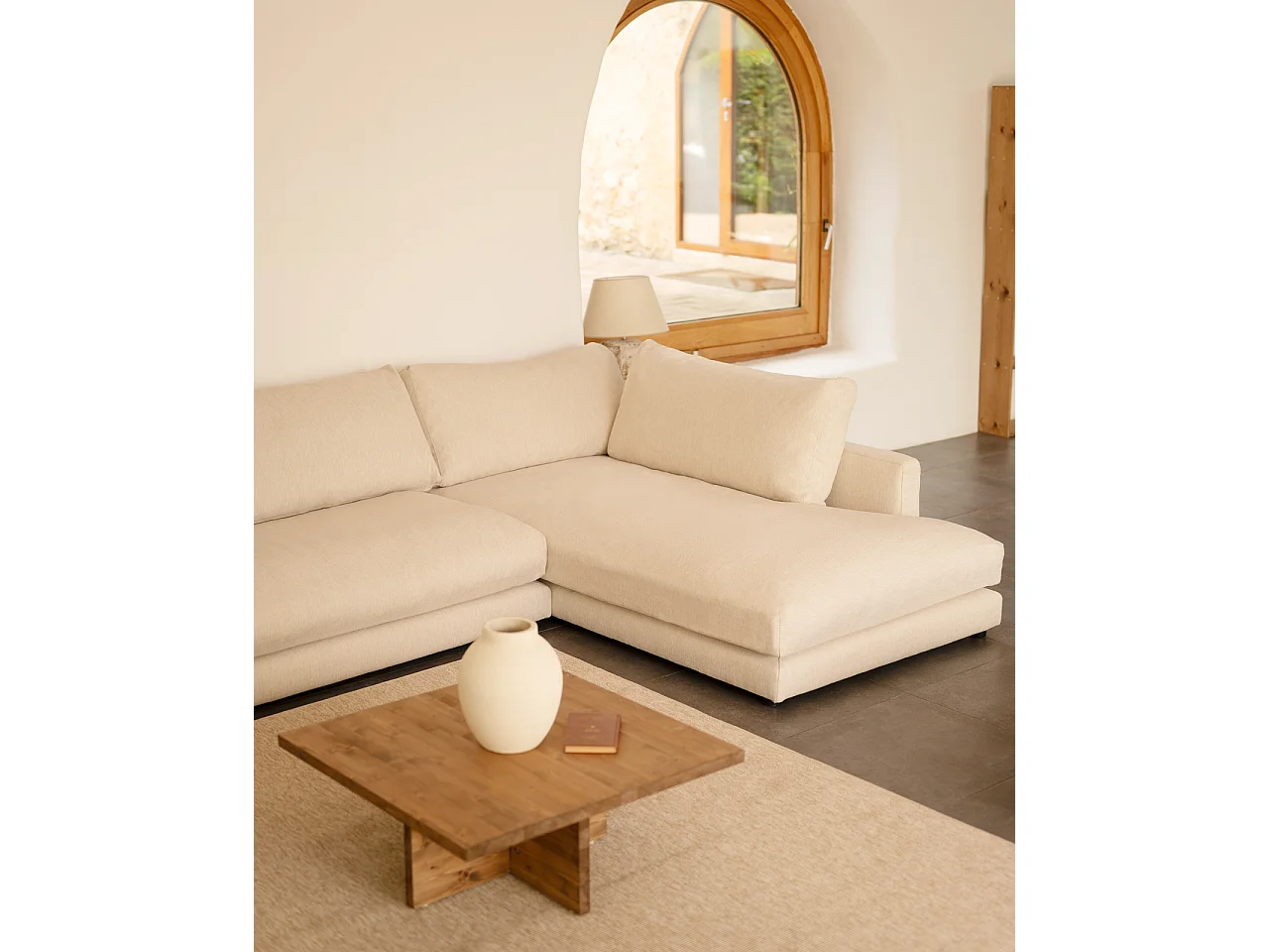 Sofá 3/4 plazas con chaise longue derecho tono blanco roto 275x190cm - LAIA - DECOWOOD