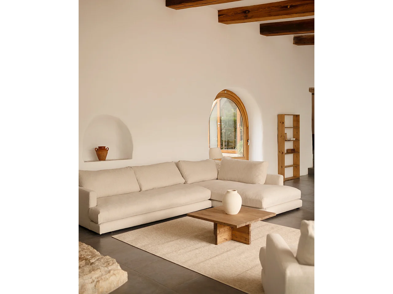 Sofá 3/4 plazas con chaise longue derecho tono blanco roto 275x190cm - LAIA - DECOWOOD