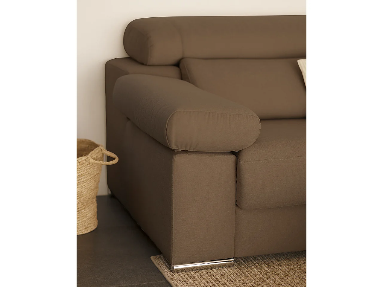 Sofá 4 plazas y chaise longue derecho color marron topo 278x168cm - SANDRA - DECOWOOD