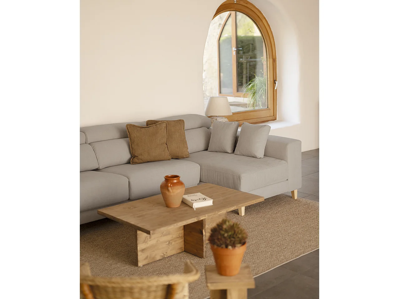 Sofá 4/5 plazas y chaise longue derecho color gris claro 300cm - MONICA - DECOWOOD