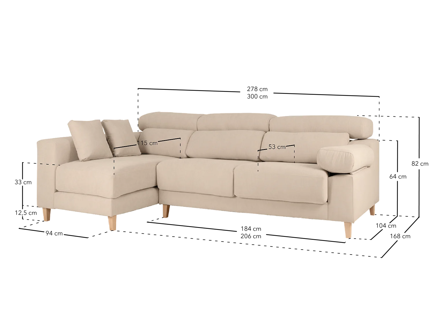 Sofá 4 plazas y chaise longue derecho color marron topo 278cm - MONICA - DECOWOOD