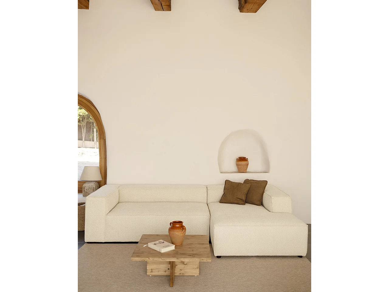 Canapé d'angle droit 3/4 places bouclé couleur blanc cassé 250x175cm