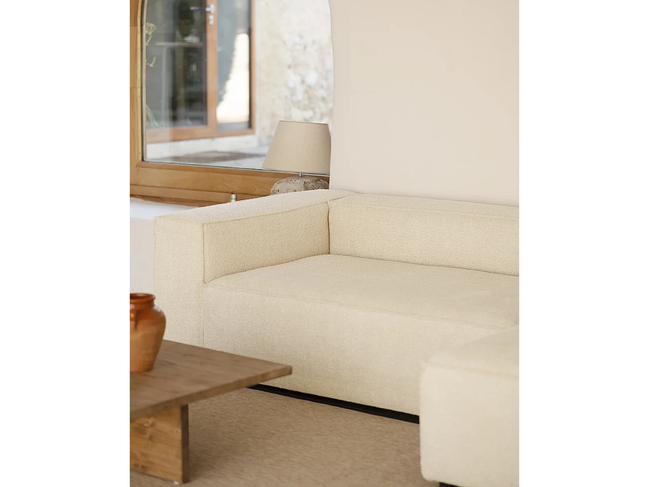 Canapé d'angle droit 3/4 places bouclé couleur blanc cassé 250x175cm