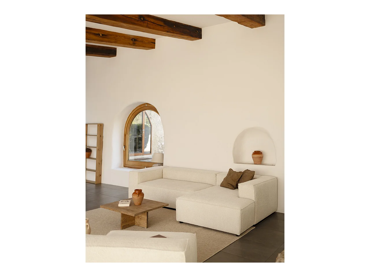 Canapé d'angle droit 3/4 places bouclé couleur blanc cassé 250x175cm