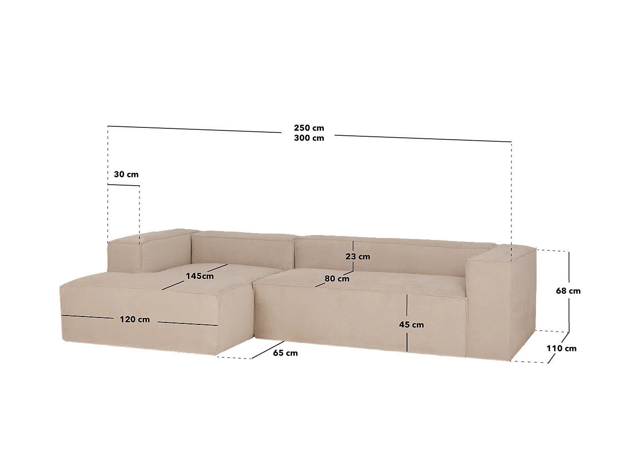 Sofá 4/5 plazas y chaise longue izquierdo color gris oscuro 300x175cm - LOLA - DECOWOOD