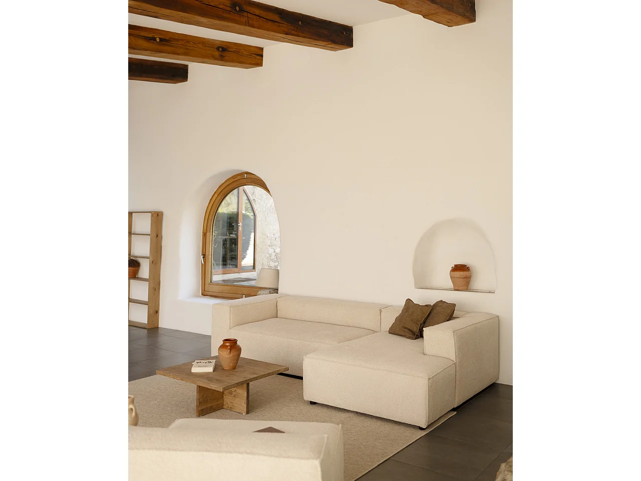 Sofá 4 plazas y chaise longue derecho color beige 250x175cm - LOLA - DECOWOOD