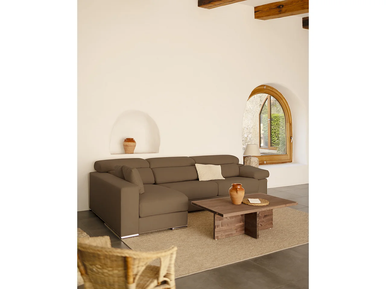 Sofá 4/5 plazas y chaise longue izquierdo color marron topo 300x168cm - SANDRA - DECOWOOD