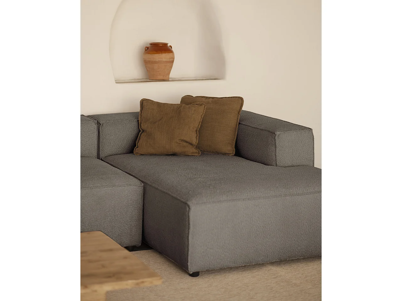 Canapé d'angle droit 3/4 places en bouclé couleur gris foncé 250x175cm