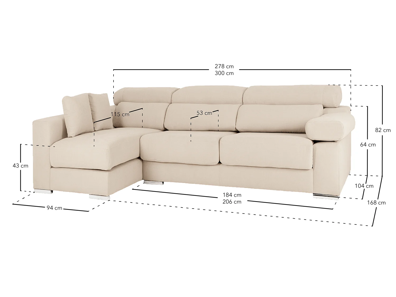 Divano 4/5 posti con CHL destra colore grigio chiaro 300x168cm