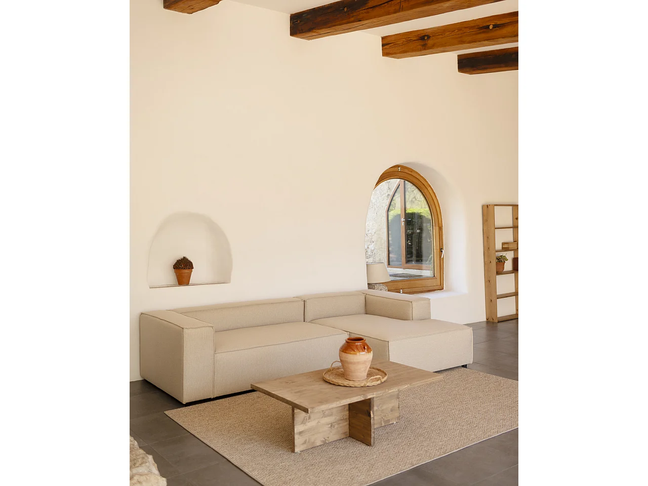 Divano 4/5 posti con chaise longue destra colore beige 300x175cm