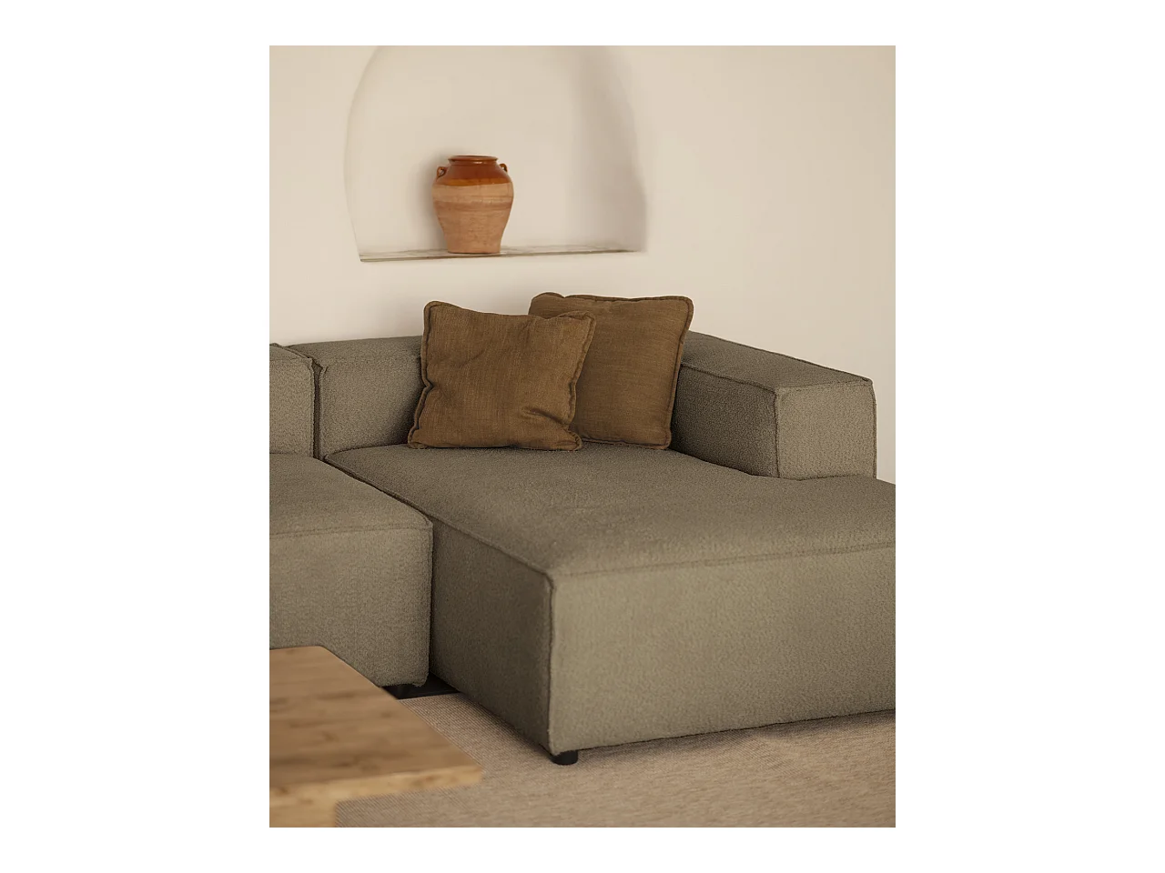 Canapé d'angle droit 4 places en bouclé couleur marron 300x175cm