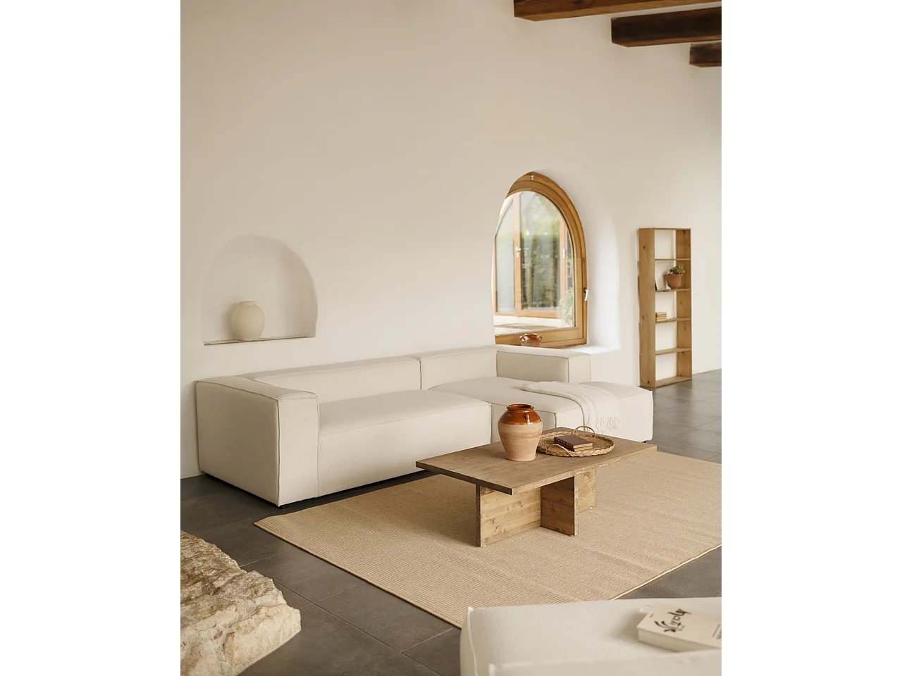 Sofá 4 plazas y chaise longue derecho color blanco roto 250x175cm - LOLA - DECOWOOD