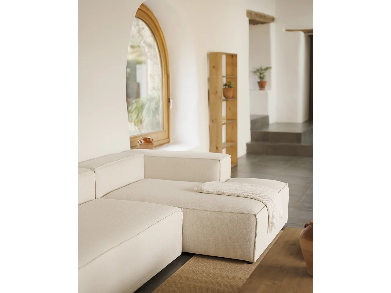 Sofá 4 plazas y chaise longue derecho color blanco roto 250x175cm - LOLA - DECOWOOD