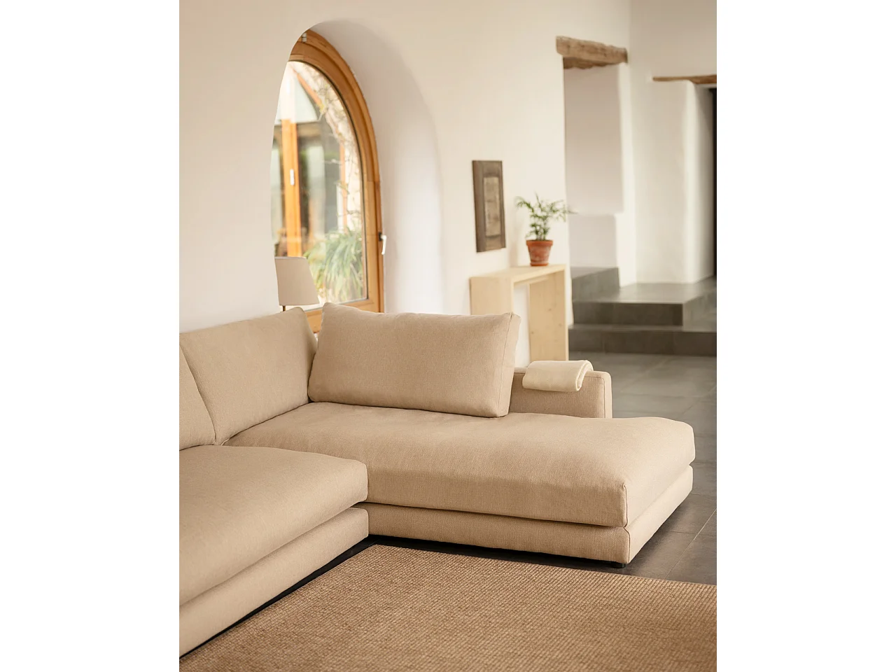 Sofá 3/4 plazas con chaise longue derecho tono beige 275x190cm - LAIA - DECOWOOD