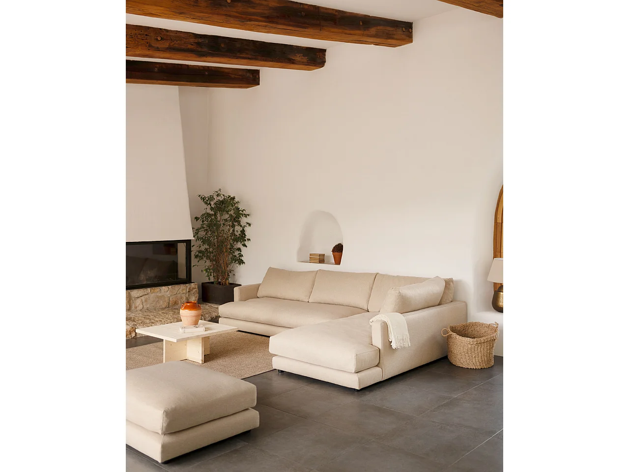 Sofá 3/4 plazas con chaise longue derecho tono beige 275x190cm - LAIA - DECOWOOD