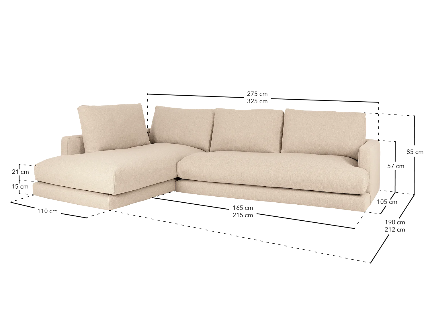 Sofá 3/4 plazas con chaise longue derecho tono beige 275x190cm - LAIA - DECOWOOD
