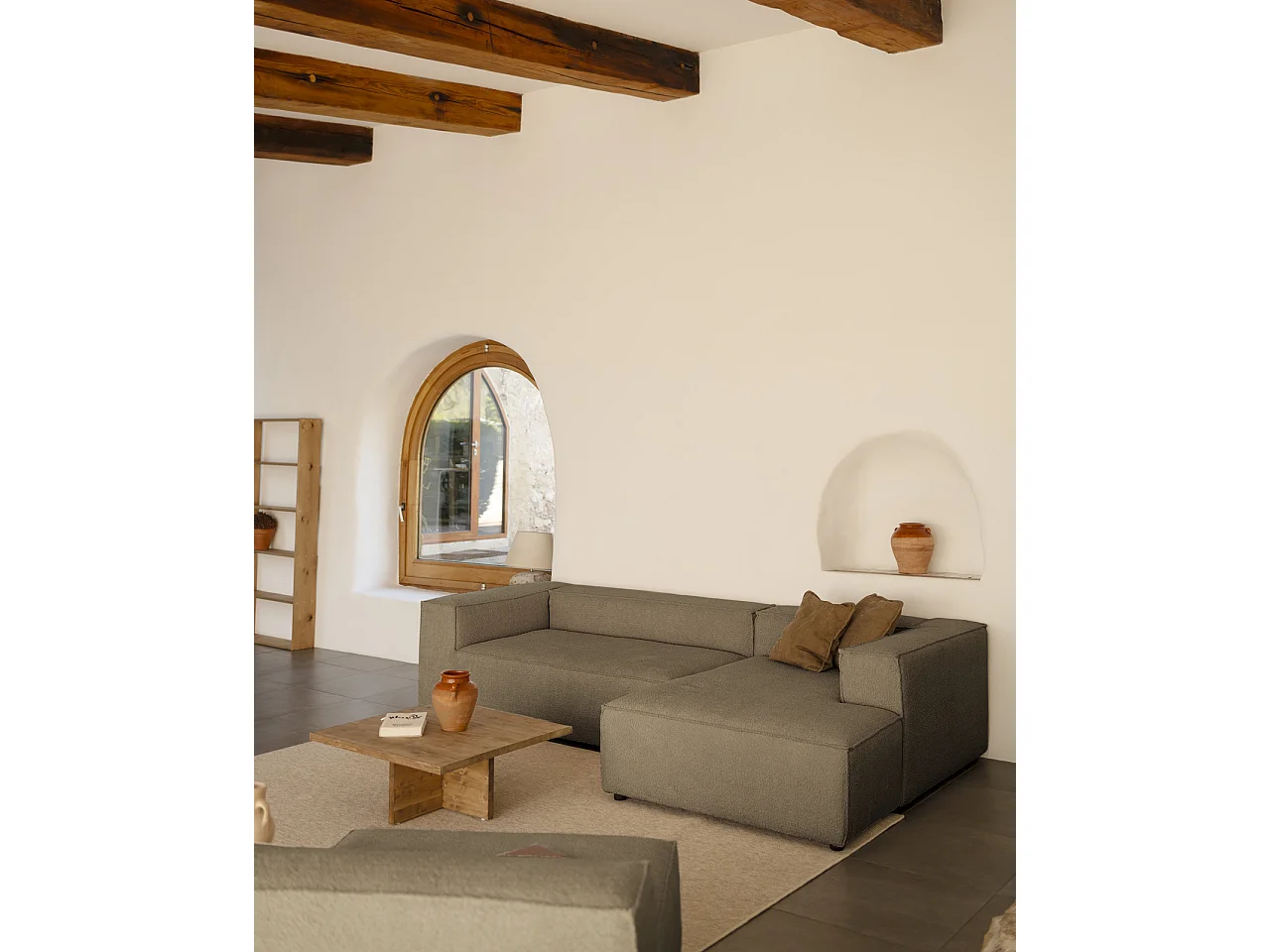 Sofá 4 plazas y chaise longue derecho color marrón 250x175cm - LOLA - DECOWOOD